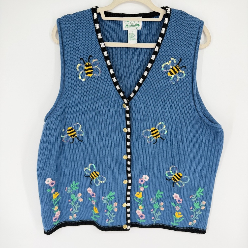 The Quacker Factory Sweater Vest 1X Blue Bumble Bee Floral Sequin Embroidered